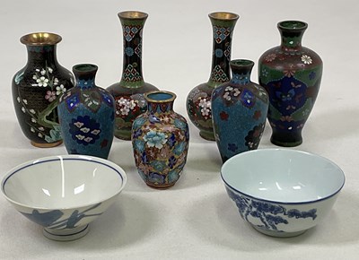 Lot 143 - Seven cloisonné vases, tallest 16cm, and two...