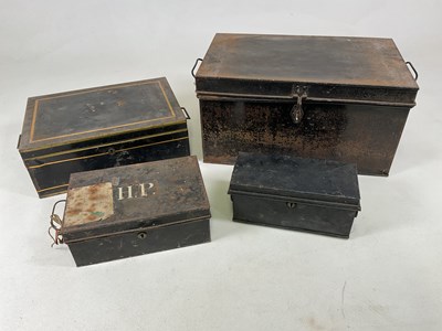 Lot 109 - Four painted metal deed boxes and contents,...