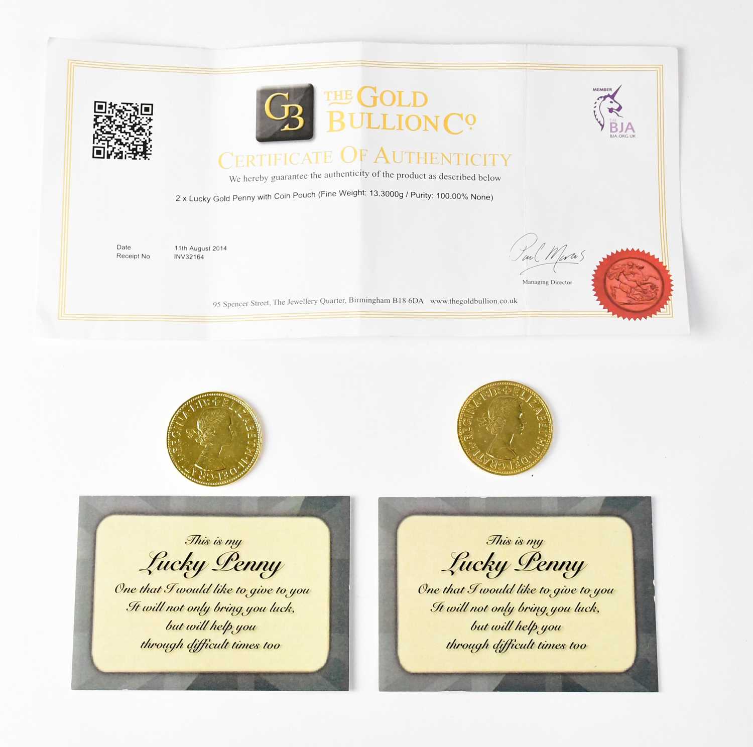 Lot 1038 - Two 24ct gold-plated one penny coins from 1964...
