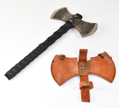 Lot 384 - RAVEN FORGE; a blacked double bit throwing axe,...