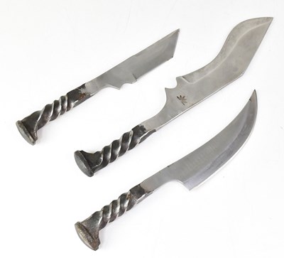 Lot 405 - RAVEN FORGE; three forged rail spike knives...