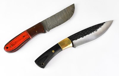 Lot 404 - RAVEN FORGE; an orange handled Damascus knife...