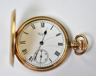 Lot 1293 - WALTHAM; a 9ct gold full hunter pocket watch,...
