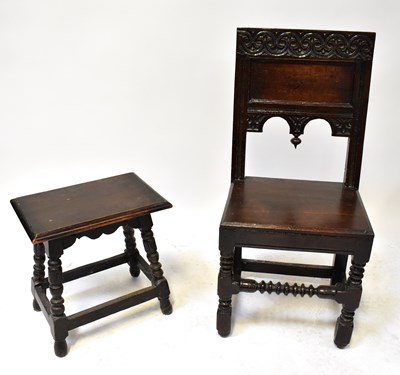 Lot 87 - An oak wainscot chair with carved panelled...