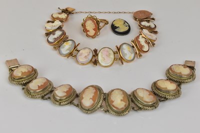 Lot 1252 - A 15ct yellow gold mounted cameo bracelet, a...