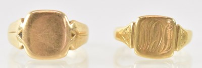 Lot 1278 - Two 18ct yellow gold signet rings (both cut),...