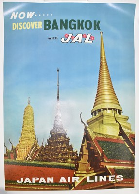 Lot 675 - A vintage aviation poster, Japan Air Lines 'Now.....Discover Bangkok JAL' 90.5 x 61.5, linen backed.