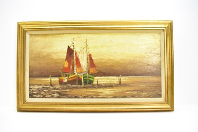 Lot 182 - An oil on canvas depicting moored sailboats on...