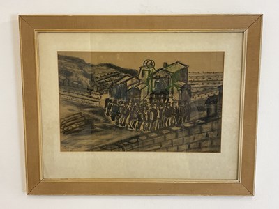 Lot 542 - ROBERT MORGAN; charcoal, 'Miners Going to Work'...