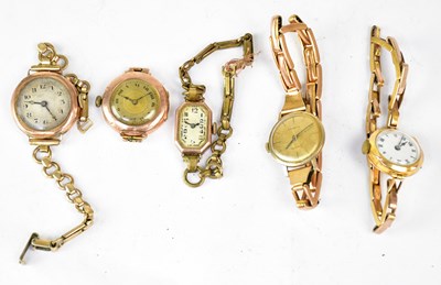Lot 1348 - Five 9ct gold ladies' wristwatches comprising...
