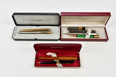 Lot 1390 - PARKER; a stainless steel fountain pen, cased,...
