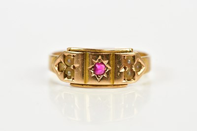 Lot 167 - A 15ct yellow gold ruby and pearl ring, size O...