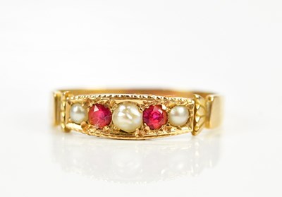 Lot 165 - A 15ct yellow gold ruby and seed pearl five...