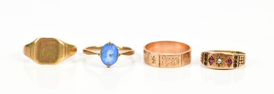 Lot 129 - Four assorted 9ct gold rings, combined approx...