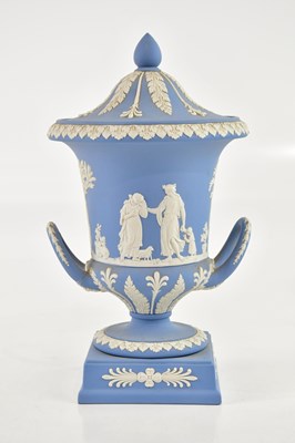 Lot 557 - WEDGWOOD; a large jasperware twin handled...