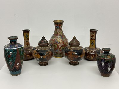 Lot 287 - Seven Japanese cloisonné vases and lidded pots,...