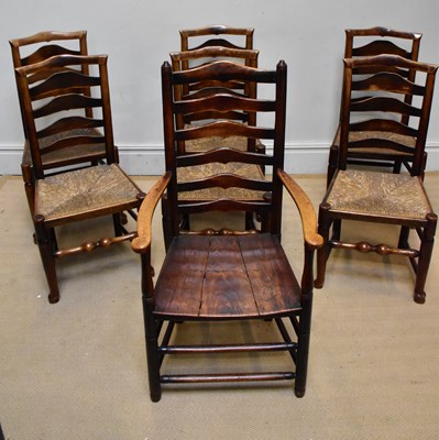 Lot 90 - Six 19th century rush seated ladder back...