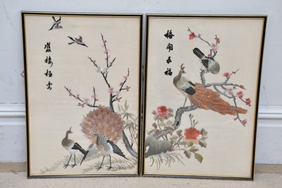 Lot 884 - Two Japanese silk panels, both depicting birds,...