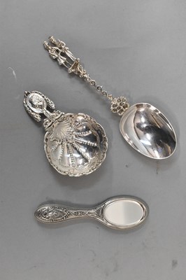 Lot 707 - A Dutch silver serving spoon, a pin dish with...