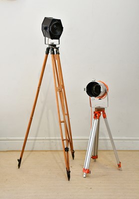 Lot 607 - Two tripod spotlights, one on wooden frame,...