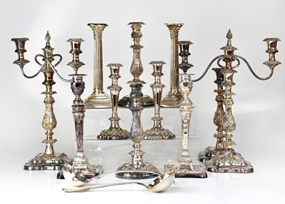 Lot 530 - Four pairs of silver-plated candlesticks, a...