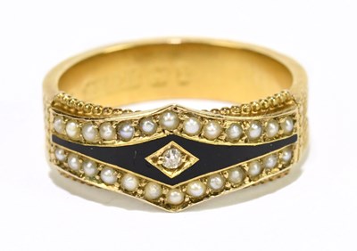 Lot 1142 - A 15ct yellow gold black enamel and seed pearl...