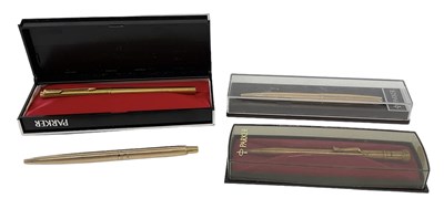 Lot 353 - PARKER; three cased gold plated ballpoint pens...