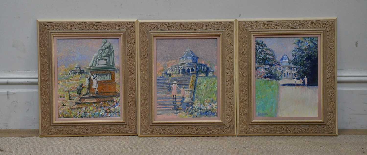Lot 1828 - DAVID BARROW; three oils on boards, 'Café...