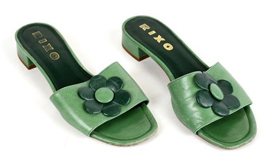 Lot 889 - RIXO; a pair of green Palma leather flat mule...