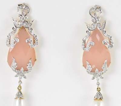 Lot 1238 - A pair of yellow metal, diamond, rose quartz...