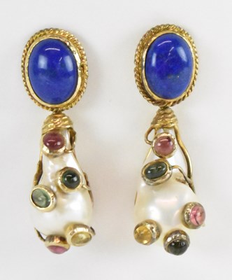 Lot 1251 - A pair of Indian yellow metal pearl, amethyst,...