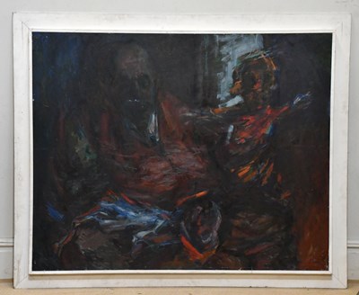 Lot 889 - ELIZABETH WOOD (born 1930); oil on board, 'Man...