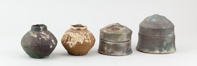 Lot 719 - Two stoneware boxes and two similar bud vases,...