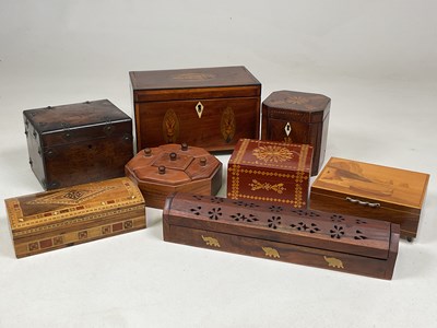 Lot 67 - Two George III mahogany inlaid tea caddies, a...