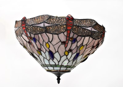 Lot 114 - A Tiffany-style leaded glass lampshade, with...