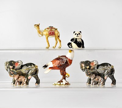 Lot 380 - Five enamelled trinket boxes in the form of...