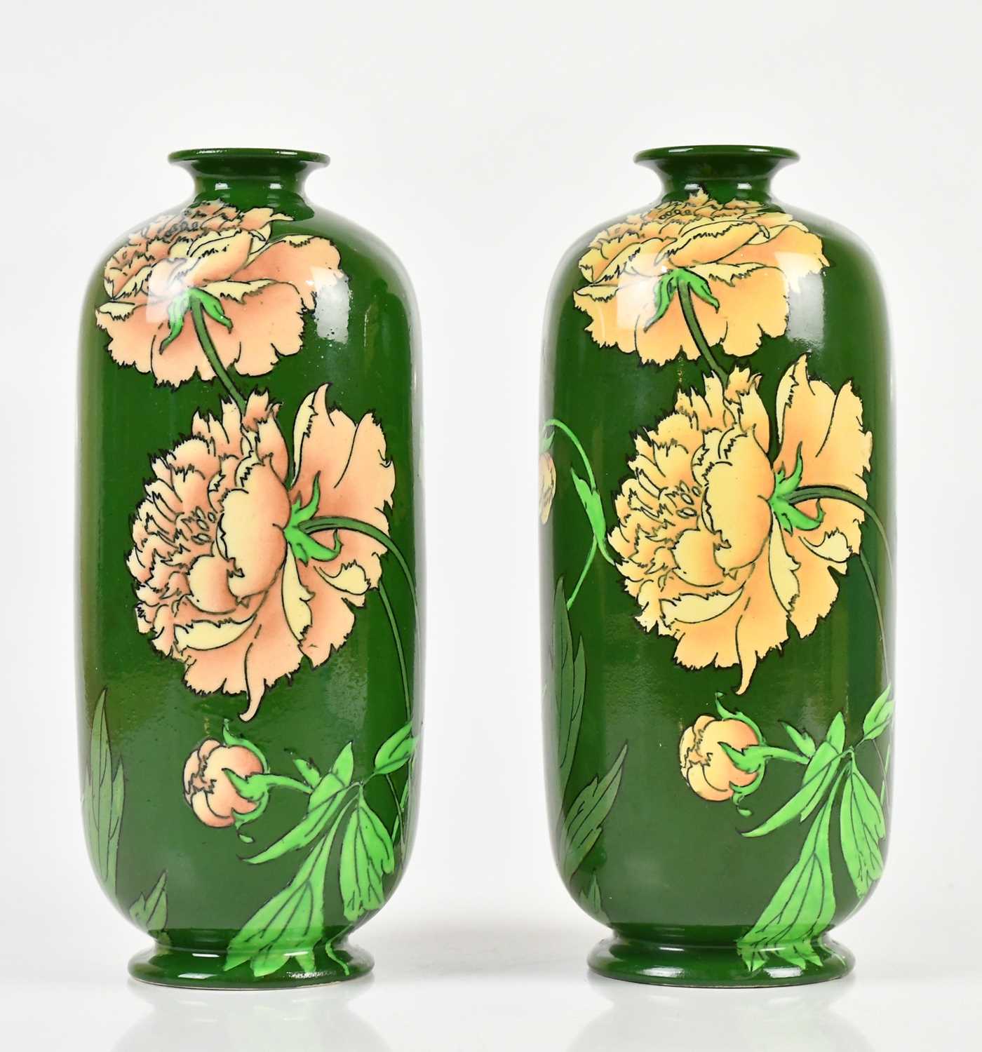 Lot 68 - FOLEY INTARSIO; a pair of cylindrical vases,