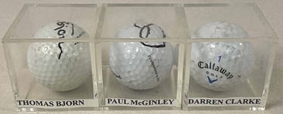 Lot 130 - RYDER CUP LEGENDS; three golf balls signed by...