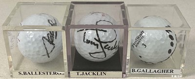 Lot 1975 - RYDER CUP LEGENDS; three gold balls signed by...