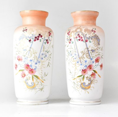 Lot 328 - A pair of Victorian painted glass vases with...