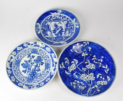 Lot 305 - Three Chinese blue and white chargers...