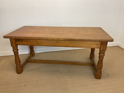 Lot 793 - A pine plank top farmhouse refectory table,...