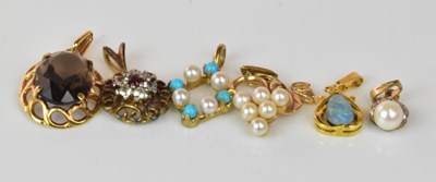 Lot 1060 - A 9ct yellow gold seed pearl and turquoise...