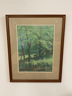 Lot 528 - R BINNIE; pastel, landscape with stag and deer,...