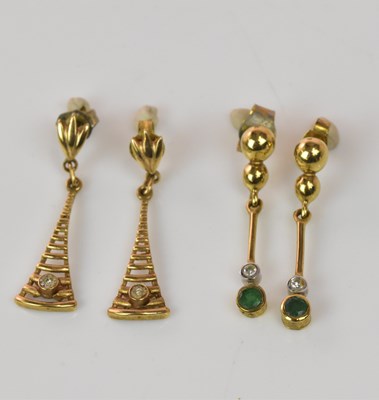 Lot 1228 - Two pairs of 9ct yellow gold drop earrings,...