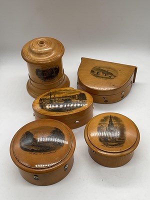 Lot 35 - MAUCHLINE WARE; five cotton boxes with eyelets...