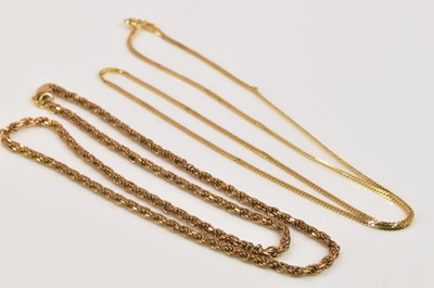 Lot 1292 - Two 9ct yellow gold chains, lengths 50cm and...