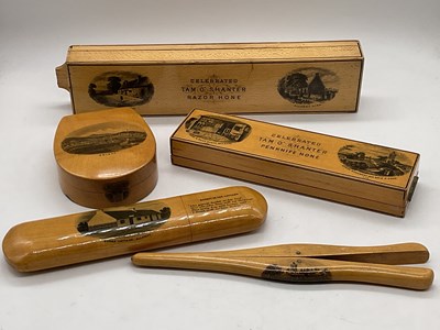 Lot 36 - MAUCHLINE WARE; five pieces including a razor...