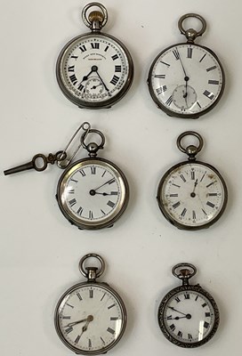 Lot 1345 - Six silver fob watches comprising three crown...