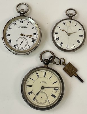 Lot 1361 - Three silver key wind open face pocket watches,...